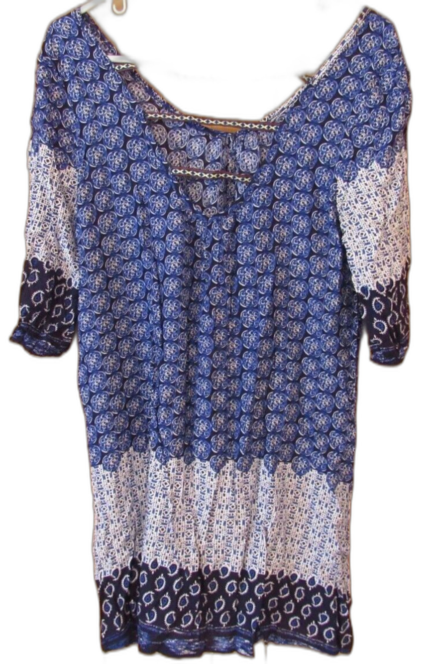 Velzera Short Sleeve Tunic Dress Blue/White BOHO Print Size Small NWT - Picture 2 of 5